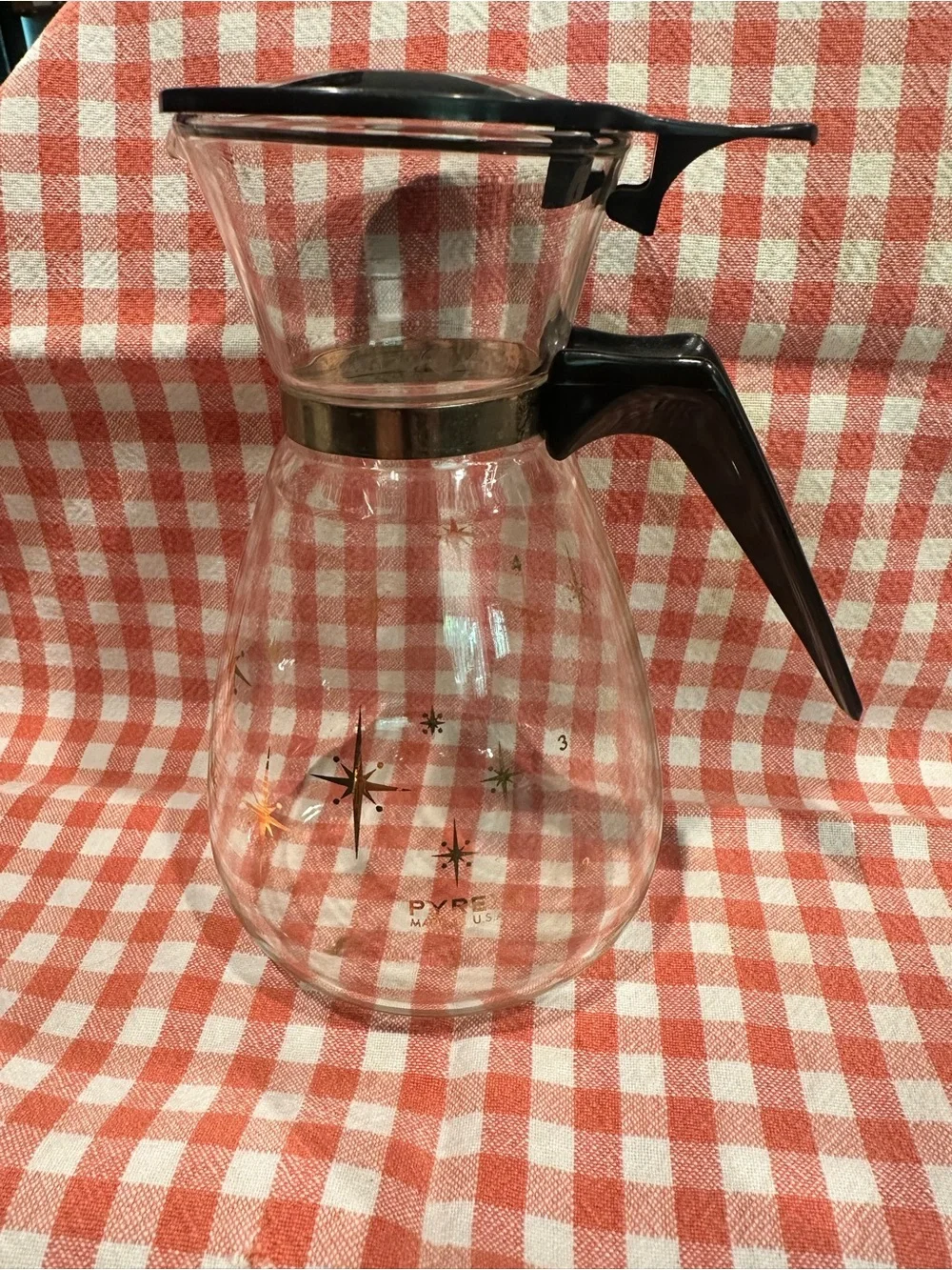 Pyrex Glass Coffee Carafe with Black Handle and Starburst Pattern